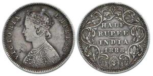 Victoria Empress, Silver ½ Rupee, 1888, obv A, rev II, 'B' Raised variety. Very Fine+, Sca