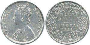 Victoria Empress, Silver ½ Rupee, 1892, obv. A, rev. I 'B' incuse. Fine+.