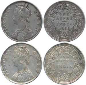 Victoria Queen, Silver Rupee (2), 1862, Madras Mint, B/II/0/0 elongated pearls. About Very
