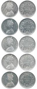 Victoria Queen, Silver Rupee (5), 1862, different varieties 0/0, 2/0, 0/4, 0/5 and 0/7. Ve