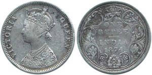 Victoria Queen, Silver Rupee, 1874, Bombay Mint, C1/II/ no Mint Mark. Fine, Rare.