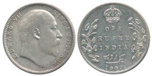 Edward VII, Silver Rupee, 1907, Bombay Mint, crown cross error on rev. Very Fine.
