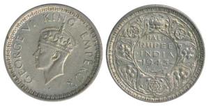 George VI, Silver ½ Rupee, 1945, Lahore Mint. Very Fine+, Scarce.