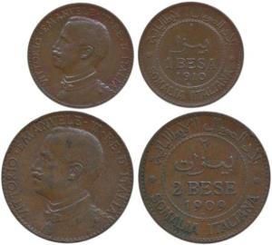 Italia Somalia, Copper, 1 Besa 1910, 2 Bese 1909. Very Fine, Scarce.