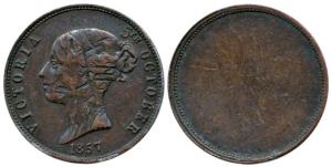 Victoria, Copper Token, 5th October 1857, Uniface, possibly a fantasy issue. Bust heavily 
