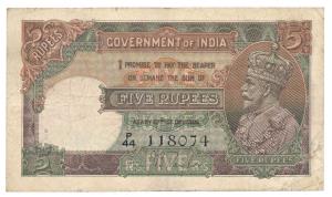 George V, Rupees 5, 2nd issue, 1933, signed J.B. Taylor, thin paper, (Jhun 5.1A). Very Fin