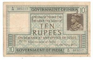 George V, Rupees 10, 1st Issue, 1923, signed A.C. McWatters, serial number in top left and
