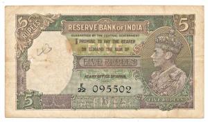 George VI Rupees 5, 1st Issue, 1938, signed J. B. Taylor, (Jhun 3.1). About Very Fine.