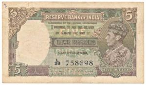 George VI, Rupees 5, 1st Issue, 1944, signed C. D. Desmukh, (Jhun 3.2). Slight graffiti on