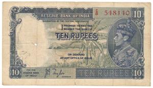 George VI, Rupees 10, 1st issue, 1938, signed J. B. Taylor, (Jhun 5.1). Fine+.
