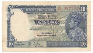 George VI, Rupees 10, 1st issue, 1938, signed J. B. Taylor, (Jhun 5.1). Very Fine+.