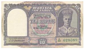 George VI, Rupees 10, 2nd issue, 1944, signed C. D. Deshmukh, (Jhun 6.1). Extremely Fine.