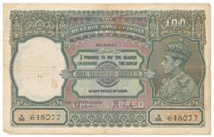 George VI, Rupees 100, 1938, signed J. B. Taylor, Bombay, (Jhun 7.1A). Fine+.