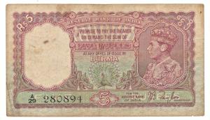 Burma, George VI, Rupees 5, 1938, signed J. B. Taylor, red colour, (Jhun 4.1). Very Fine, 