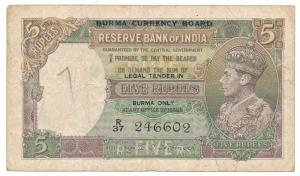 Burma, George VI, Rupees 5, 1945, 'Burma Currency Board' black over-stamped, signed C. D. 