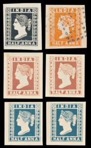 Reprint of 1854 ½ a. unissued (5), ½ a. (2), Vermilion with letter C printed at the back &