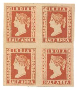 1890 ½ a. in Vermillion unissued color Reprinted essay in block of 4 with each stamp showi