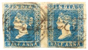 1854 ½ a., SG 3, Die I, pair cancelled by Type -7, a good margin, right stamps eye and bas