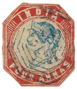 1855 4 a. Blue and Red, 4th printing, Head Die III, Frame Die II, SG 23, India Used in Str