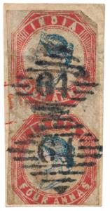 1854 4 a. Blue and Red, Head Die III, Frame Die II, vertical pair used on piece of paper t