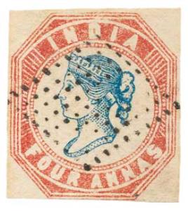 1854 4 a. Blue and Red, 2nd Printing, SG 19, Cut-Square, Copy with good margins on 3 sides
