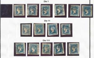 1854-55 Nice Lot of Lithographs ½ a. Blue (28) Die I/II/III / 1 a. Red (22) Die I/II / 2 a