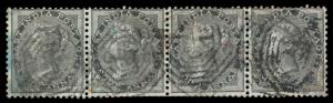 1855 EI QV 4 a. Black, Blue Glazed Paper, SG 35, Strip of 4, Type 7 cancelled, Used, Very 