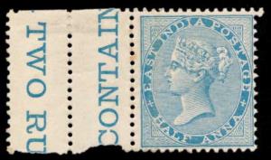 1865 EI QV ½ a. Blue, Yellowish to White Paper, SG 54, with double side gutter, MNH, White