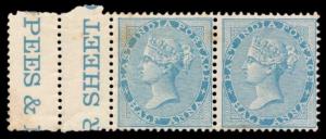 1865 EI QV ½ a. Blue, Yellowish to White Paper, SG 54, pair with double side gutter, White