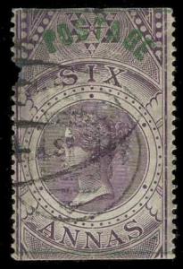 1866 QV 6 a. Purple, SG 66, with “POSTAGE” optd - small tear at left