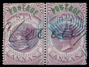 1866 QV 6 a. Purple, SG 66, horizontal pair used, cancelled by Type 7 in Blue, hinged, Fin