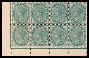 1883 QV ½ a. Deep Blue Green, SG 84, Corner Marginal Block of 8 Stamps with jubilee lines,