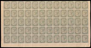 1882 QV Re. 1/- Slate, SG 101, bottom part sheet of 60 stamps with side margin, MNH, Toned
