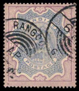 1895 QV Rs. 5/-, Ultramarine & Violet, SG 109, used Rangoon, Burma Cancellation, Fine.