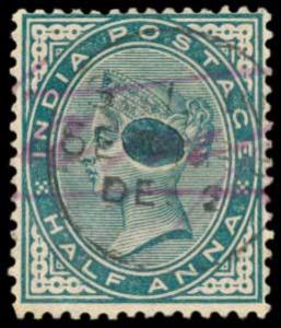 QV ½ a. Green, Used, Big Green color Spot in the center of the stamps, Spectacular flaw, V