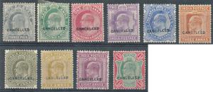 KED VII set of 10 Stamps, 3 p. to Re. 1/-, optd “CANCELLED”, Samual Type 25, MLH or MNH, V