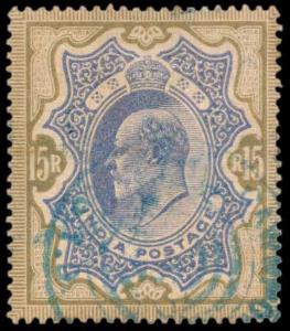 1911 KED VII Rs. 15/-, Blue & Olive, SG 190, Telegraphically used with Cancellation in Gre
