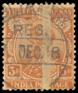 1911 KG V 3 a. Orange, SG 172, Major printing flaw, Thick line from top to bottom, Used, s
