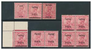 1921 "Nine/Pies" essay surcharges on 1a Rose-carmine, SG 192E, singles of the four differe