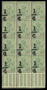 1922 KG V ¼ on ½ a. Block of 12, Error overprint shifted drastically