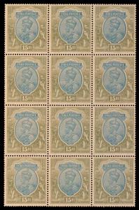 1928 KG V Rs. 15/- Blue & Olive, SG 218, Block of 12 stamps, Toned, MNH, Fine.