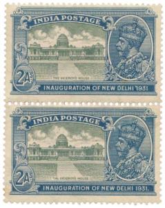 1931 Inauguration of New Delhi, 2 a. Green & Blue, SG 229, vertical pair, upper stamp with