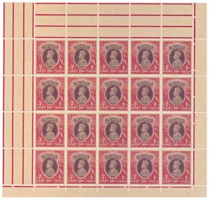 1937 KG VI Rs. 10/-, Purple & Claret, SG 262, Side marginal Block of 20 Stamps with upper 