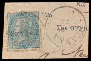 1866 EI QV ½ a. Pale Blue optd. Service, Type O1, Small, on piece tied by Tanna duplex, Us