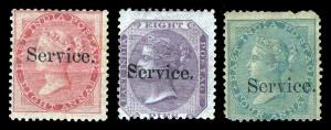 1866-72 QV 8 a. Carmine, 8 a. Purple, 4 a. Green, with small Service, SG O5, O8, O13.