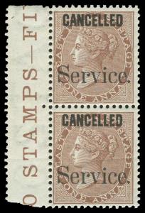 1867-73 QV 1 a. Service Specimen optd “CANCELLED”, Marginal Pair, MNH, Fine.
