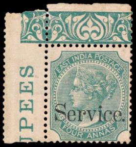 1867-73 QV 4 a. Pale Green, SG O28, with upper ornamental border & left side margin, MNH, 