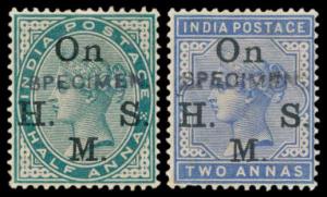 1883-99 QV optd with Type O9, ½ a. and 2 a., SG O38/O42,overprinted “SPECIMEN” in Black, M