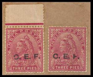 1900 C.E.F., QV 3 p. Carmine, SG C1, 2 stamps on piece of paper with error, C of CEF Broke