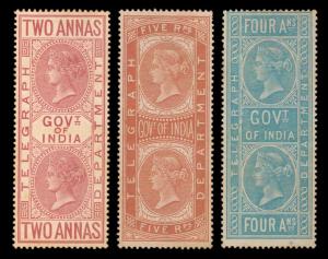 1890 QV Telegraph Stamps, 3 values, 2 a., 4 a., Rs. 5/-, Mint, Toned, Fine.